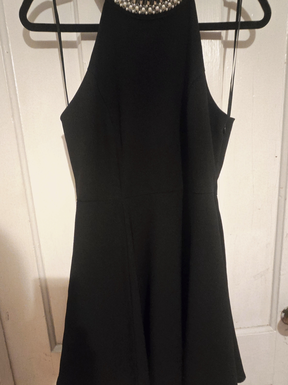 Black Halter Mini Dress with Decorative Pearl Neckline